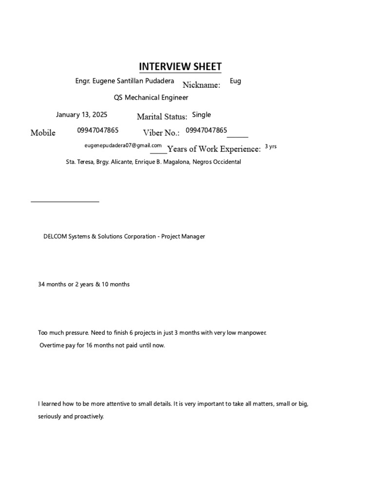 Interview Sheet - Done | PDF | Psychology | Business