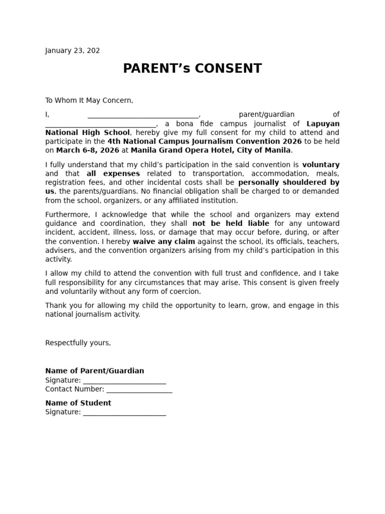 Parents Consent For NCJC 2026 | PDF