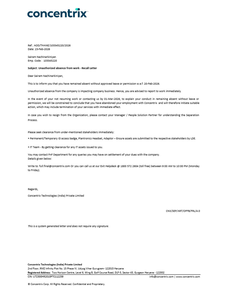 Subject: Unauthorized Absence From Work - Recall Letter | PDF