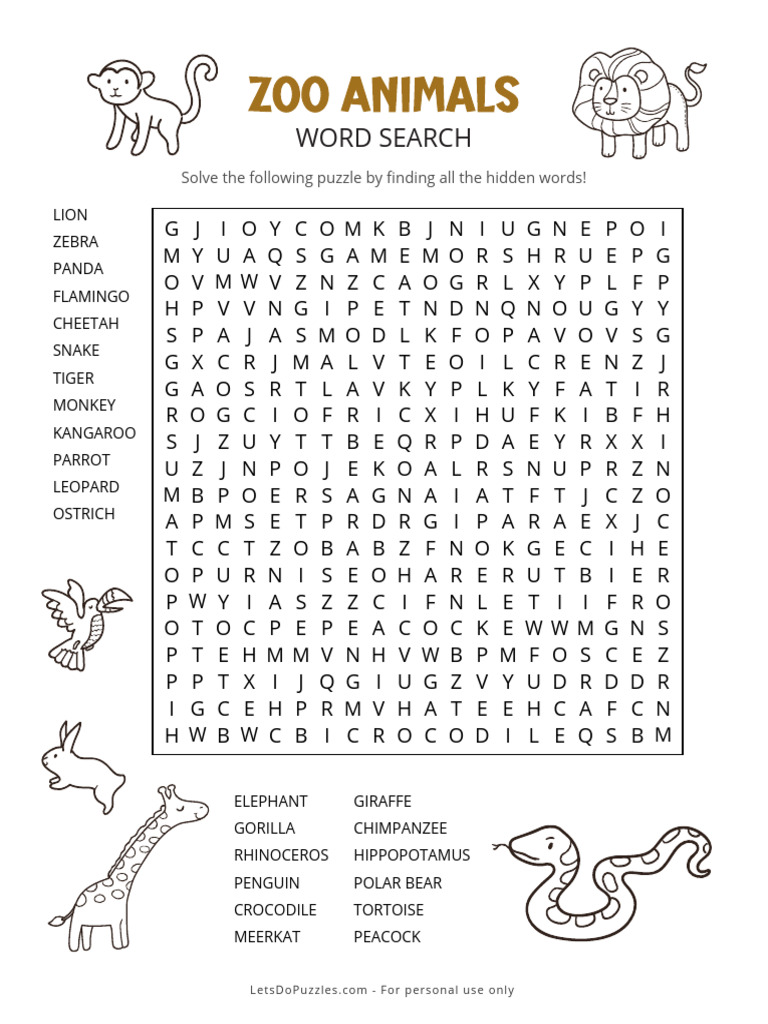Free Printable Zoo Animals Word Search | PDF | Word Search | Zoology