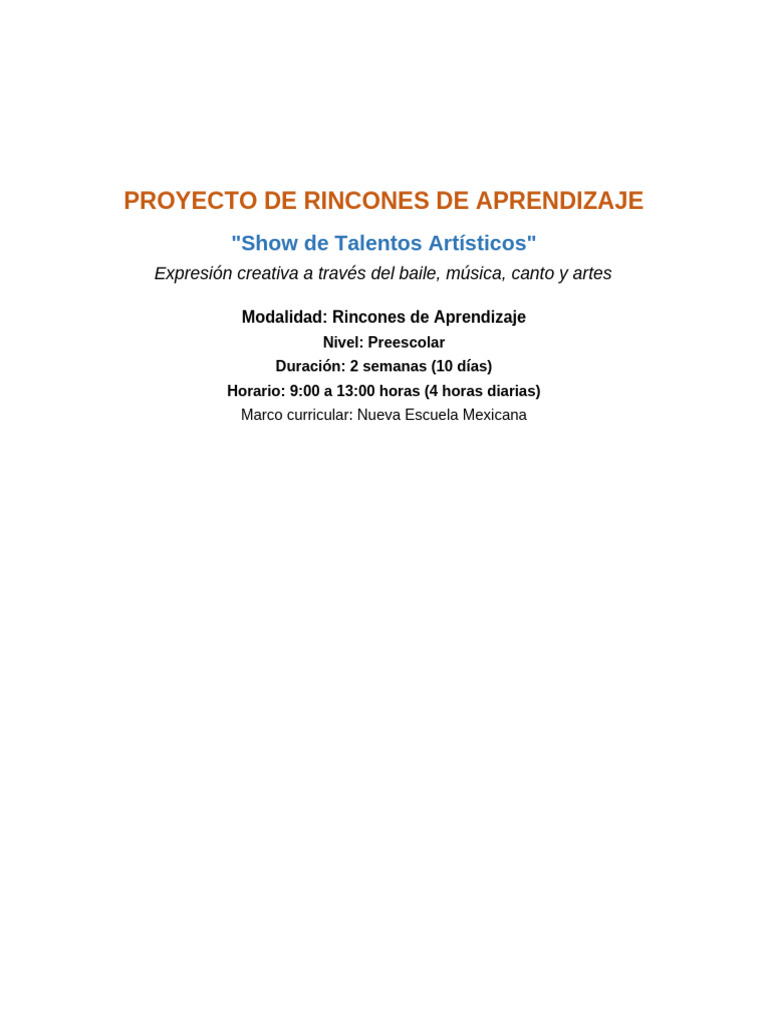 Proyecto Rincones Show Talentos | PDF | Bailes | Aprendizaje