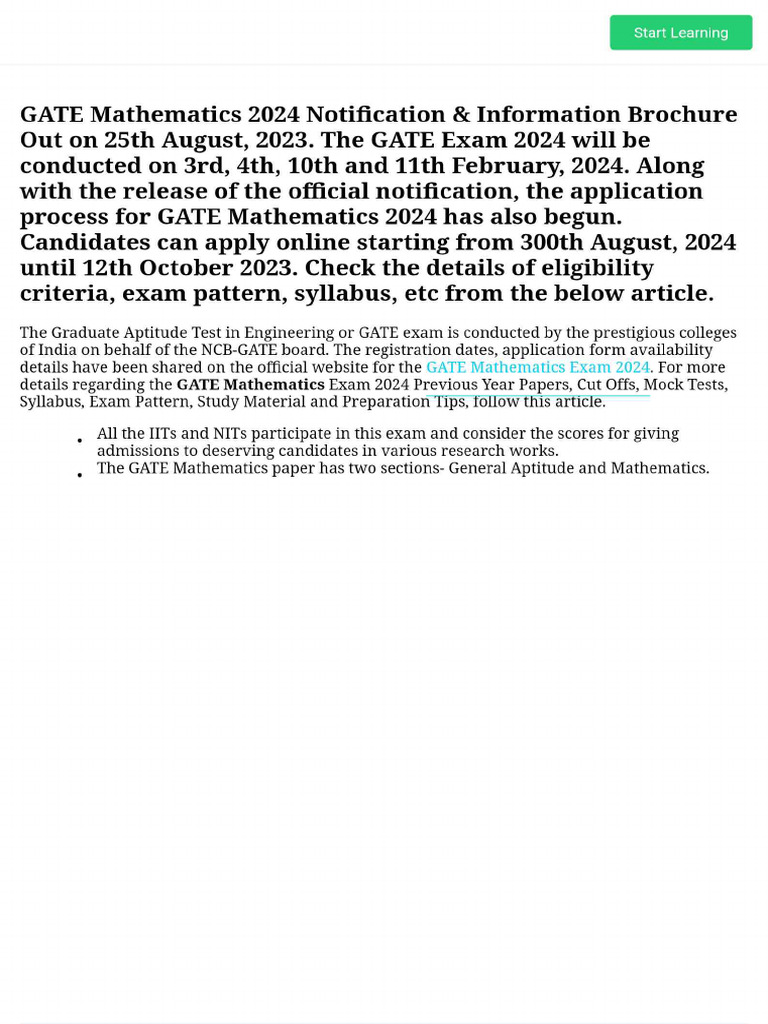 GATE Mathematics 2024exam Info | PDF