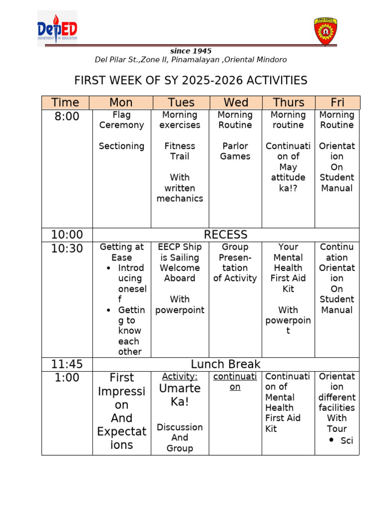 First Week SY Program of Activities | PDF