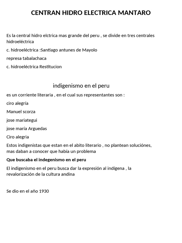 Centran Hidro Electrica Mantaro , Indigenismo en El Peru | PDF