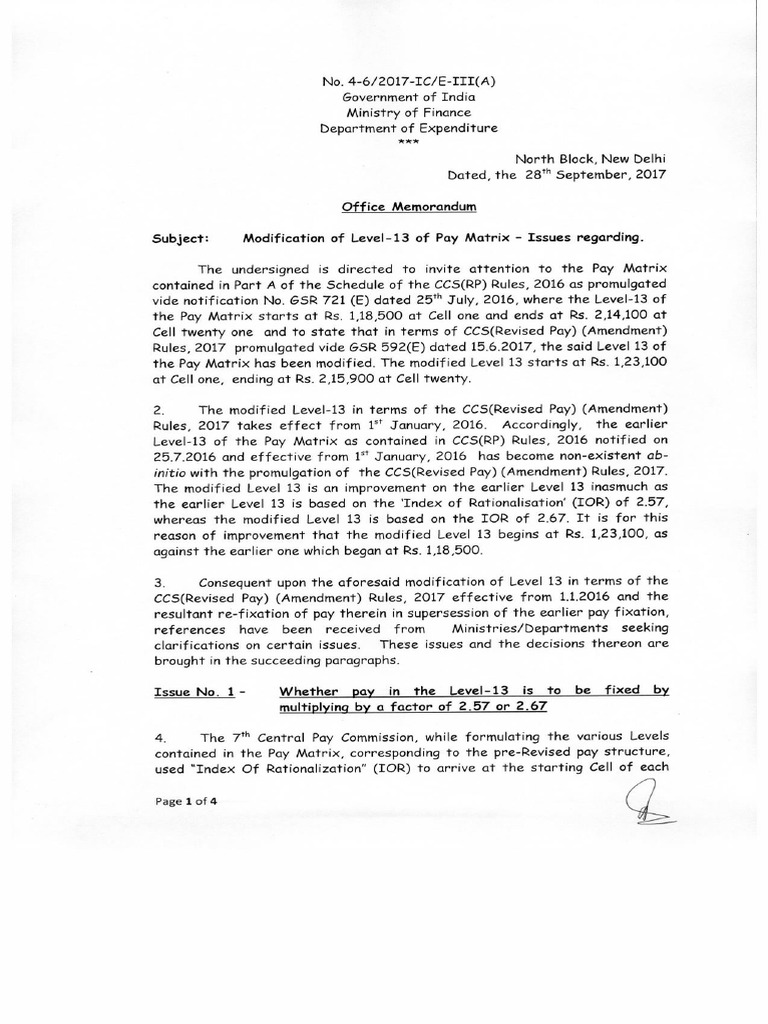 Modification of Level13 Pay Matrix28092017 | PDF