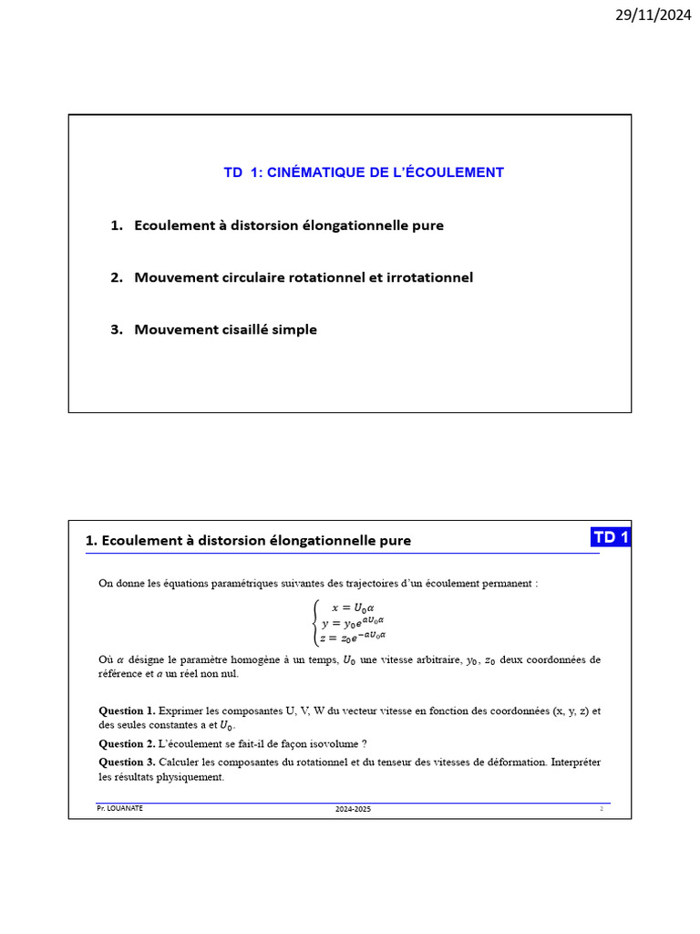 Correction TD Cinématique Des Fluides | PDF | Dynamique des fluides ...