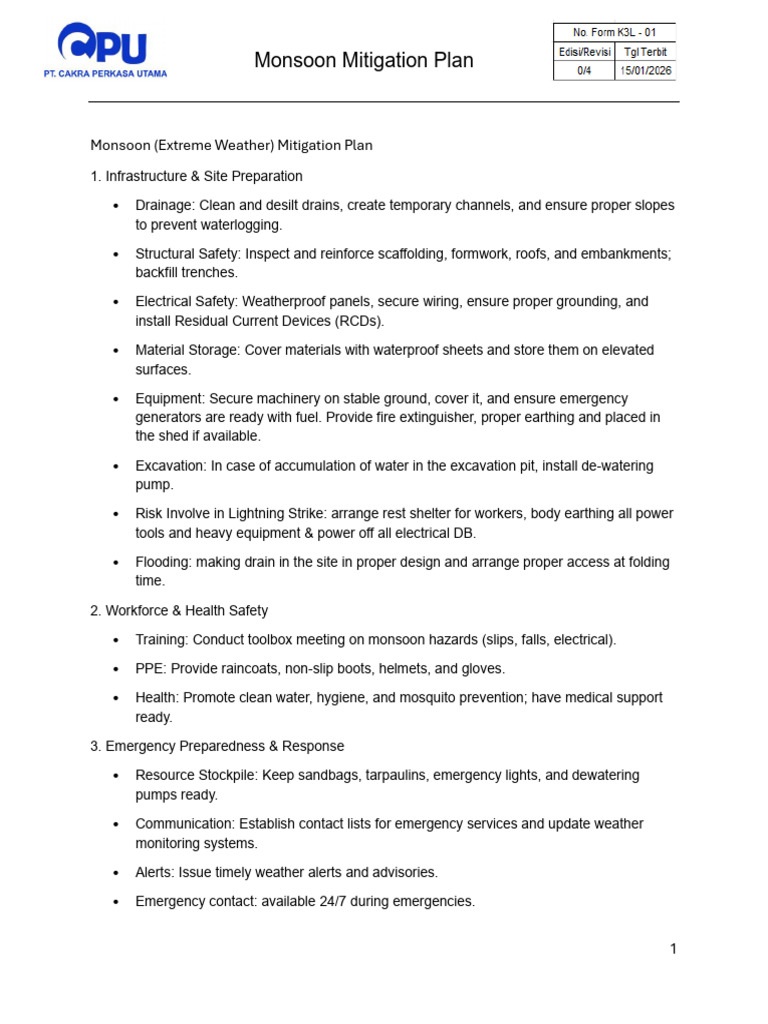 Form K3L - 001 Monsoon Mitigation Plan | PDF | Emergency Management ...
