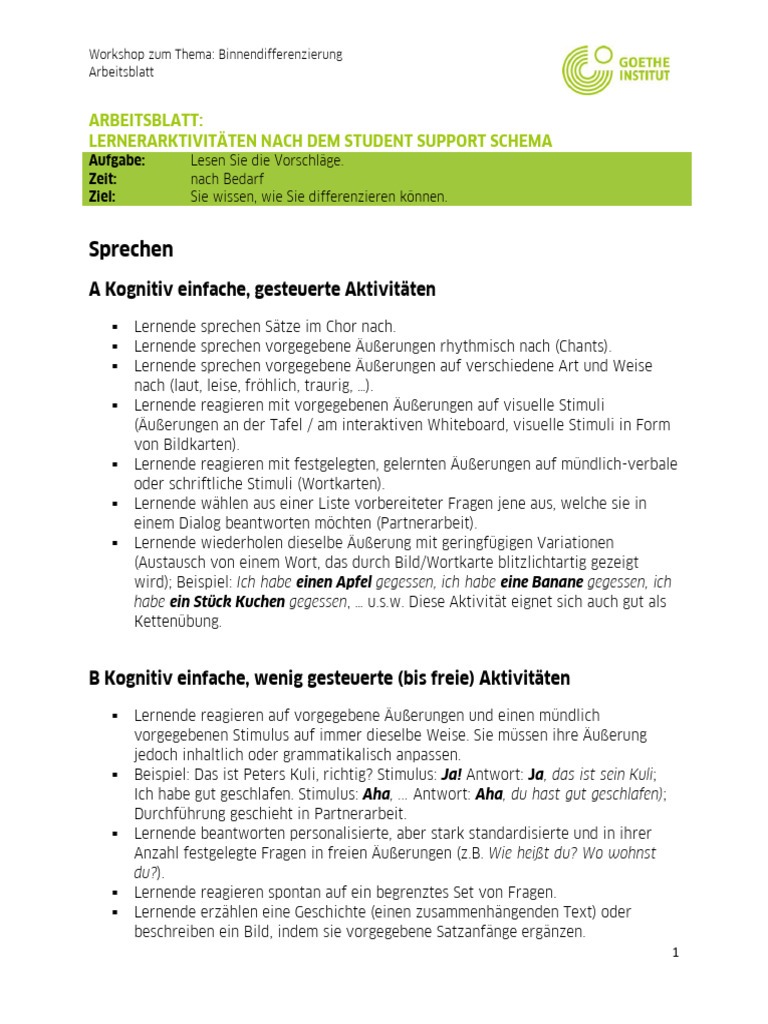 Arbeitsblatt Lerneraktivitaeten Nach Dem Student Support Schema | PDF