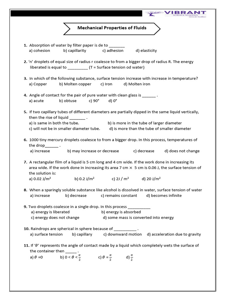 Mechanical Properties of Fluids (QB) | PDF | Drop (Liquid) | Surface ...