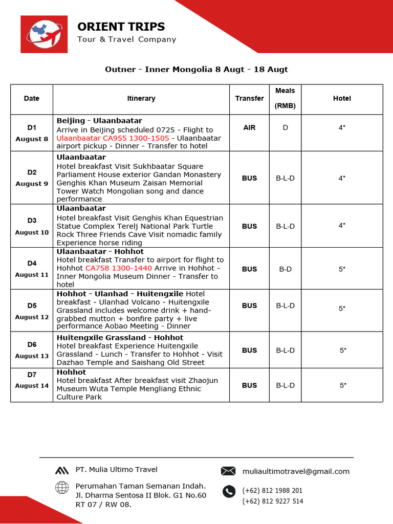 11d10n Outner - Inner Mongolia | PDF | Mongolia | Cuisine