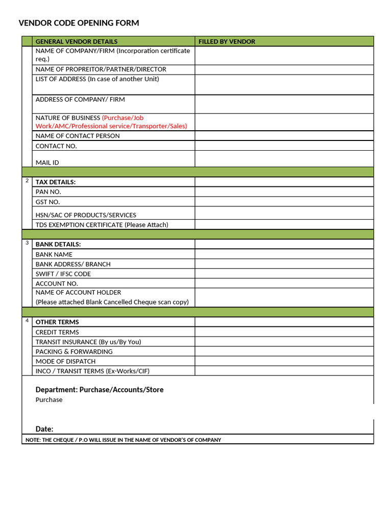 Vendor Master Form 1 | PDF