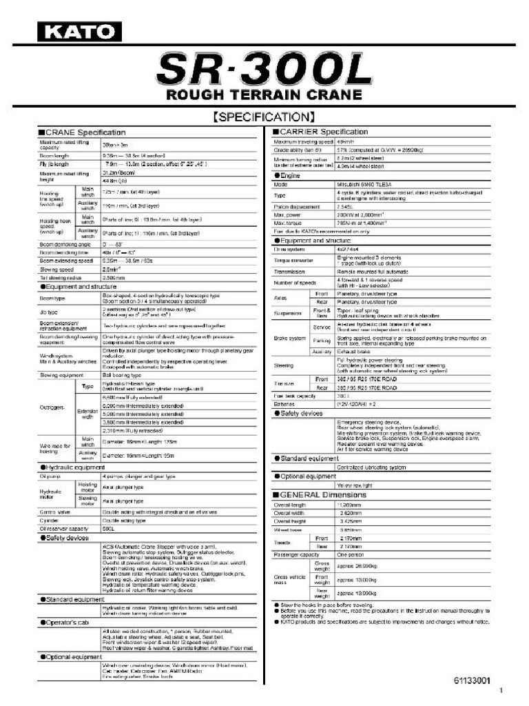 Load Chart KATO 30 Ton SR-300L | PDF