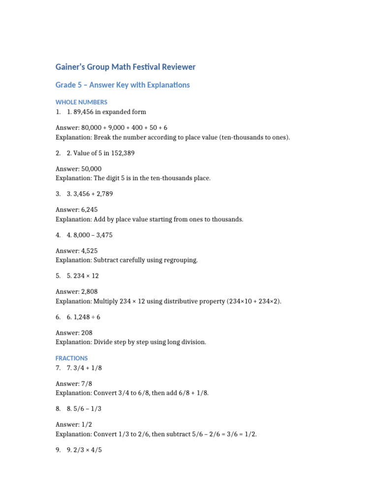 Gainer Group Grade5 Math Festival Answer Key | PDF