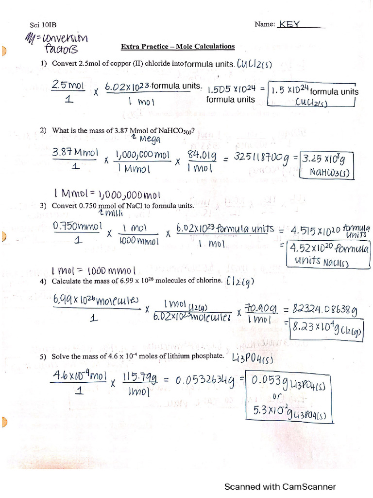 KEY - Extra Worksheet - Mole Calculations - Sci 10H - Kwan - Hong ...