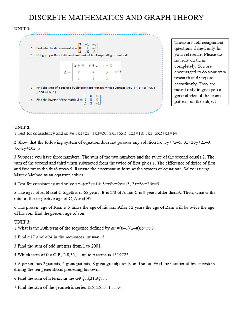 DISCRETE MATHEMATICS AND GRAPH THEORY Self-Assessment Question | PDF ...
