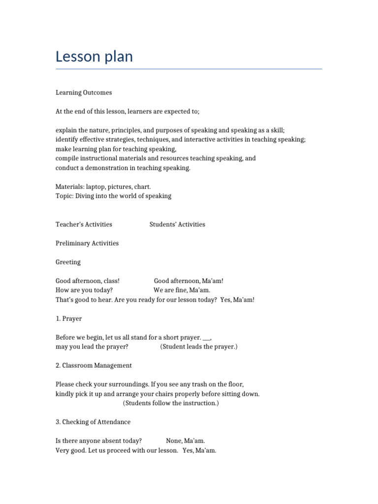 Speaking Lesson Plan FINAL | PDF | Lesson Plan | Classroom Management