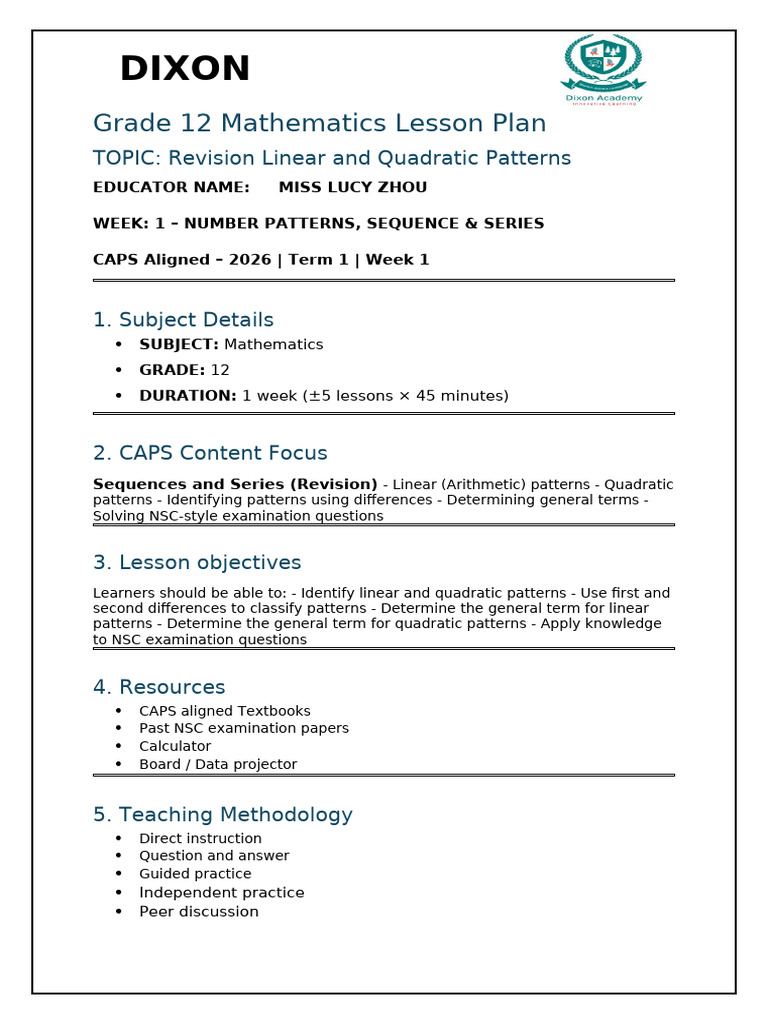 Grade 12 Lesson Plan Week 1 Term 1 | PDF | Lesson Plan | Teaching