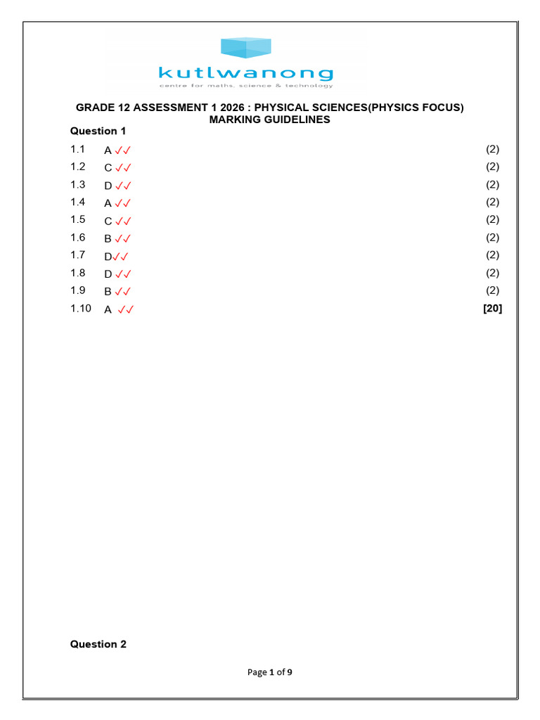 Promaths Memo Physical Sciences Grade 12 Assessment 1 (01 February 2026 ...