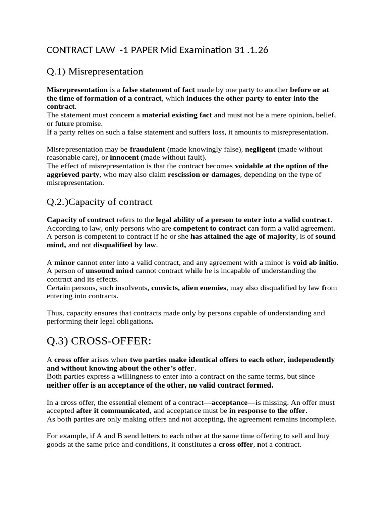 Contract Law I MID EXAM | PDF | Misrepresentation | Consideration