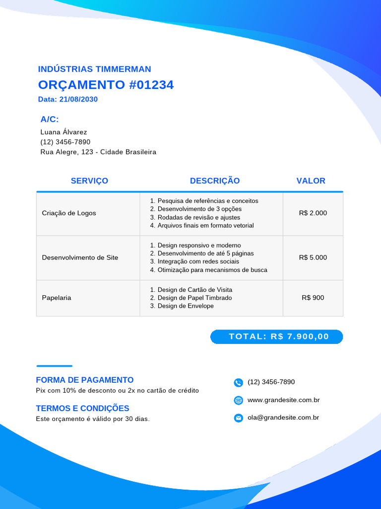 Documento A4 Modelo de Orçamento Moderno Azul | PDF
