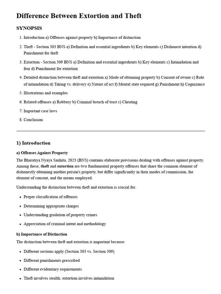 Difference Between Extortion and Theft | PDF | Robbery | Theft