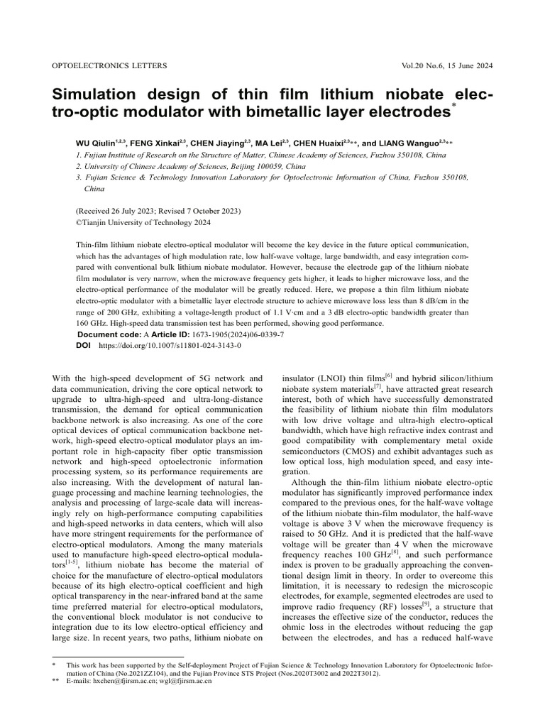 Simulation Design of Thin Film Lithium Niobate Electro-Optic Modulator ...