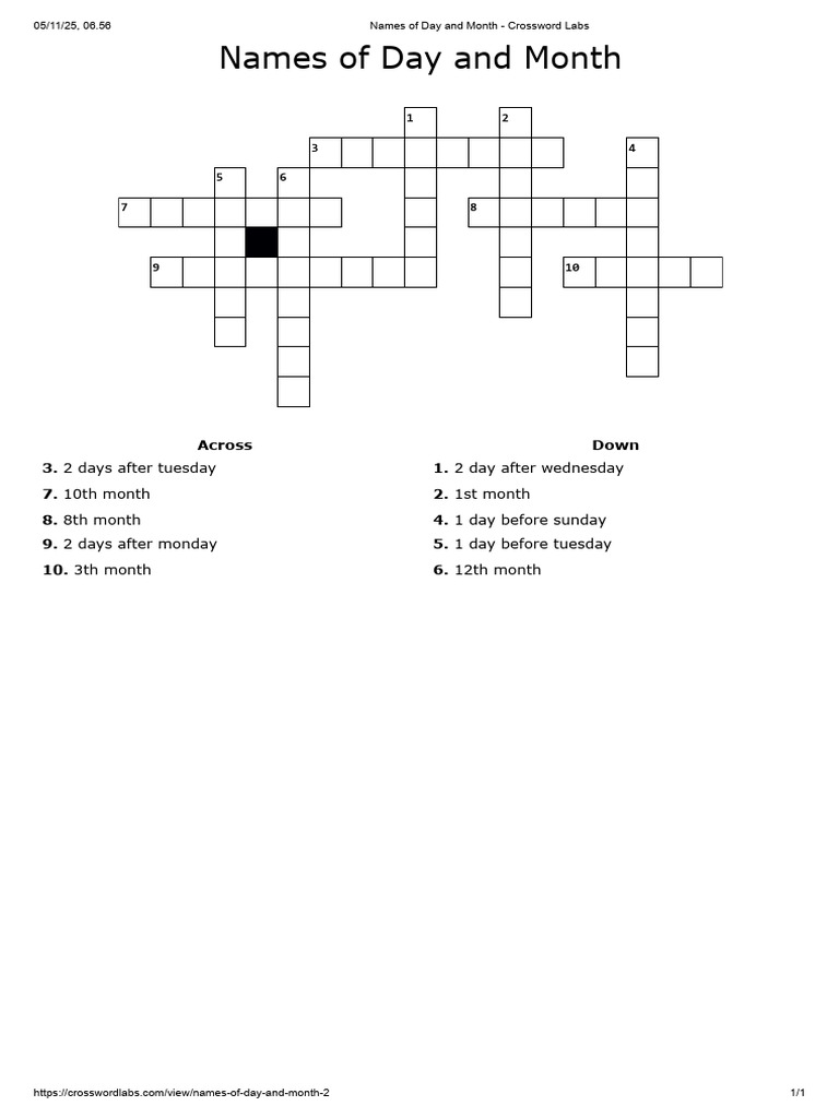 Names of Day and Month - Crossword Labs | PDF