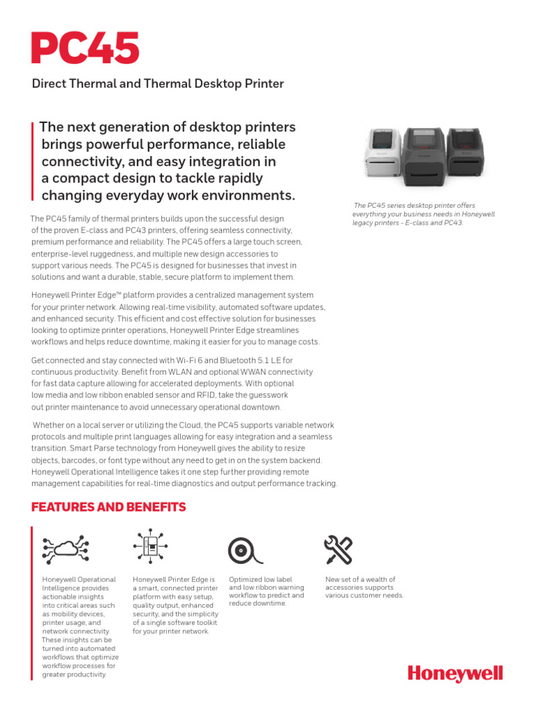 Pc45 Direct Thermal and Thermal Transfer Desktop Printer Datasheet en ...