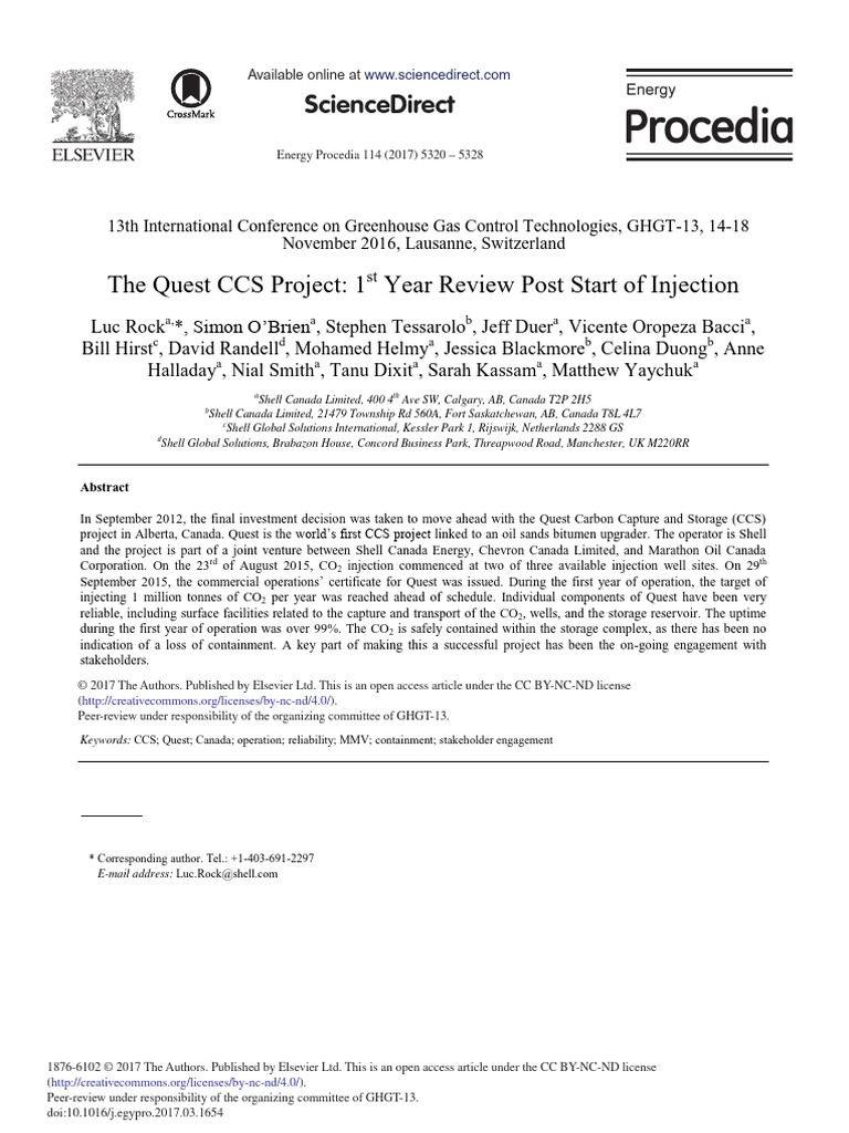 The Quest CCS Project 1 ST Year Review Post Start of Injection - Luc ...