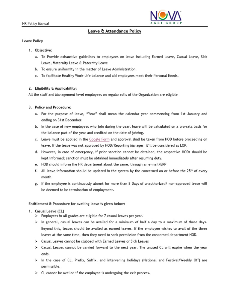 Leave Attendance Policy | PDF | Employment | Parental Leave