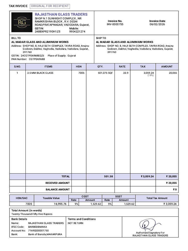 Inv-0000755-Sales Invoice-Al Madar Glass and Aluminium Works | PDF ...