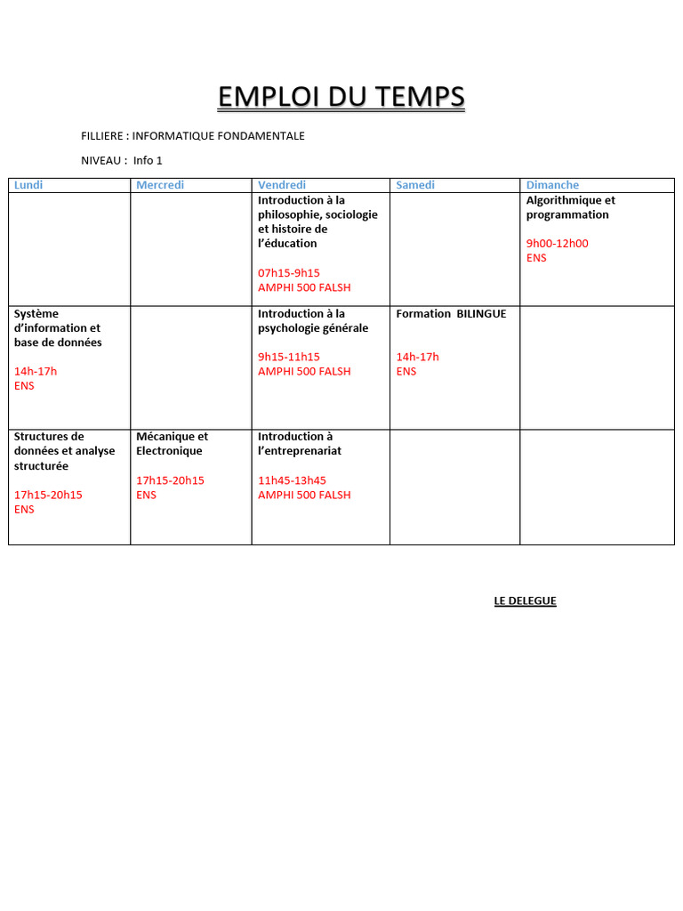 Emploi Du Temps | PDF
