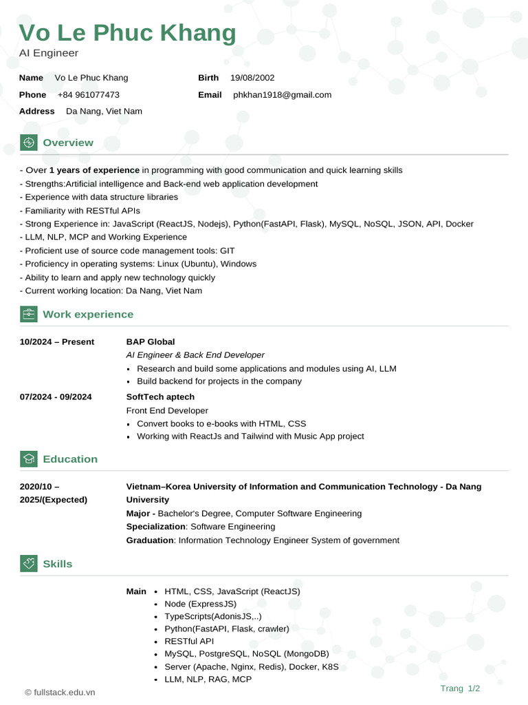 CV Vo Le Phuc Khang | PDF | Information Technology | Software Development
