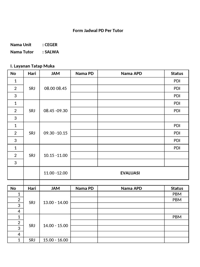 Form Jadwal PD Per Tutor Baru Bangeeettttttt | PDF