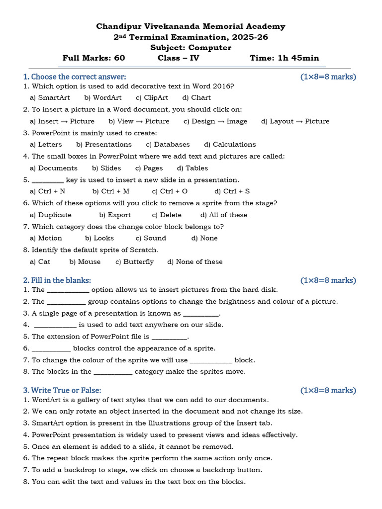 Class 4 Computer Question Paper | PDF | Software | Computing