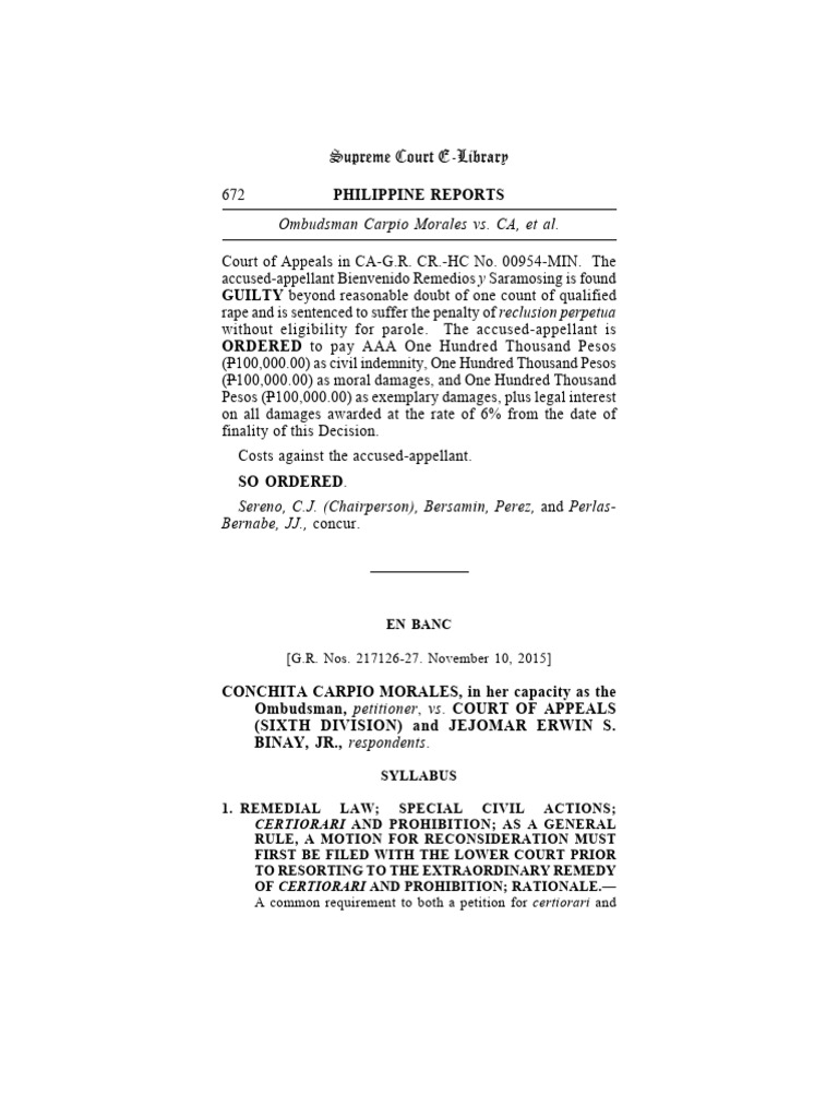 Ombudsman Carpio Morales vs. CA, Et Al. | PDF | Injunction | Writ Of ...
