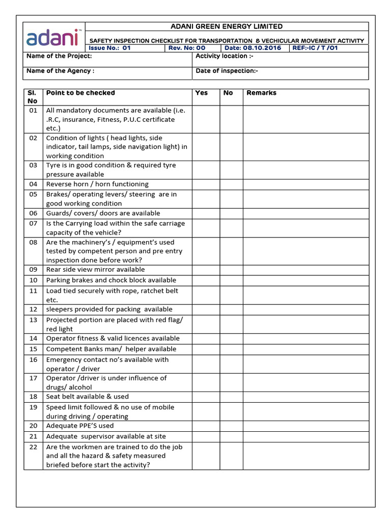Transportation Safety Inspection Checklist | PDF | Vehicles | Transport
