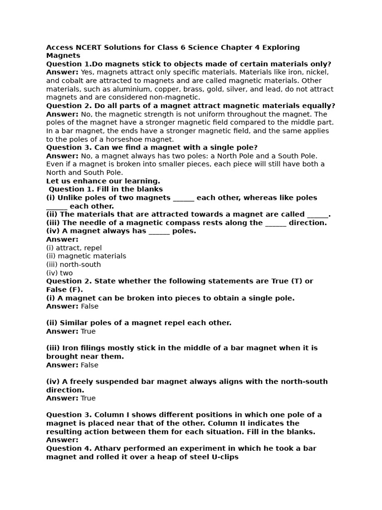 Access NCERT Solutions For Class 6 Science Chapter 4 Exploring Magnets ...