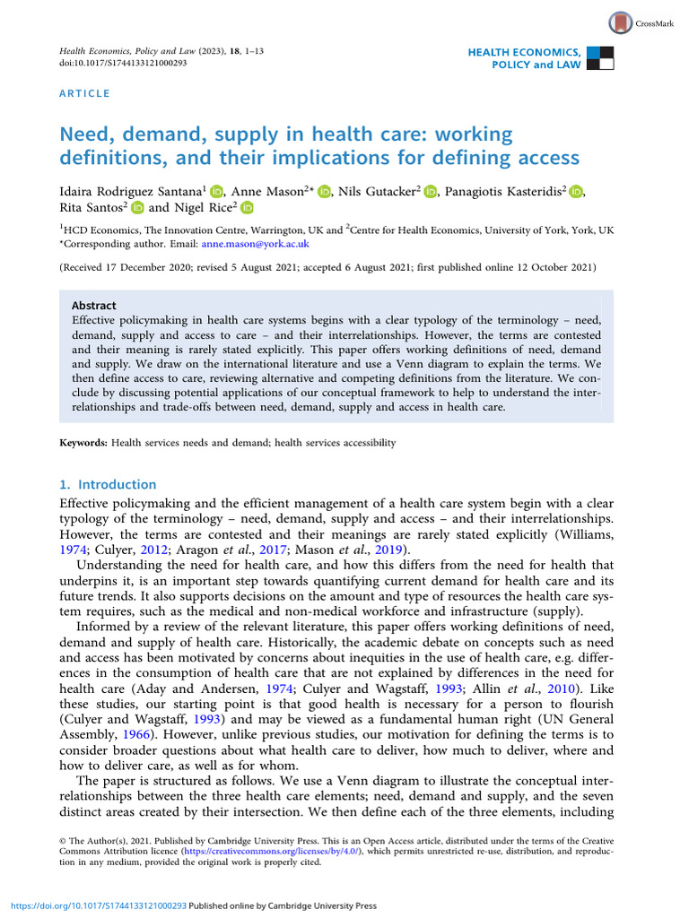Need Demand Supply in Health Care Working Definitions and Their ...