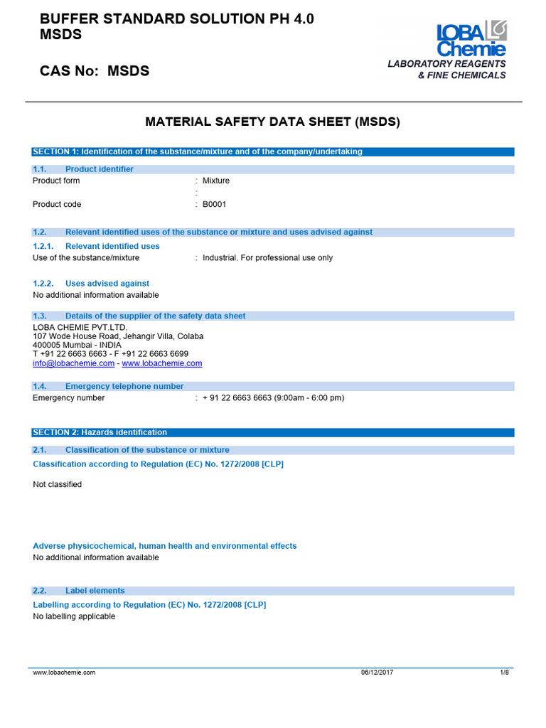 Buffer Standard Solution PH 4.0 | PDF | Dangerous Goods | Chemistry