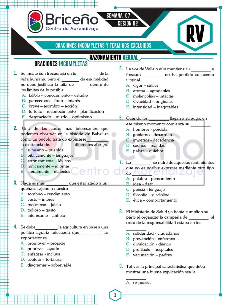 RV - EXT - S07 - S2 - Oraciones Incompletas - Término Excluido | PDF