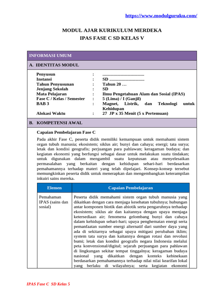 Modul Ajar IPAS Kelas 5 Bab 3 (Modulguruku - Com) | PDF