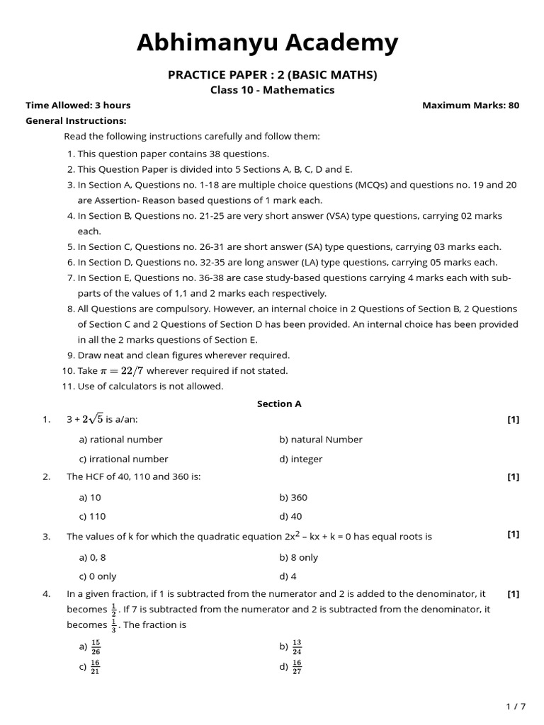 Practice Paper-2 (Basic Maths) | PDF | Numbers | Mathematics