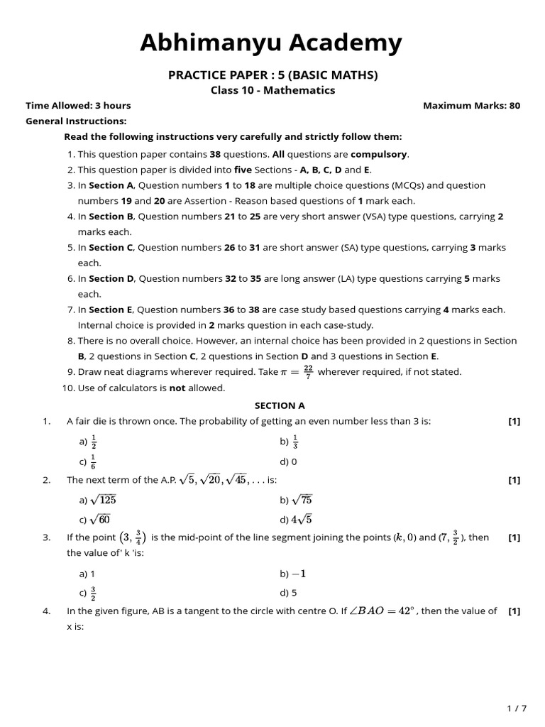 Practice Paper-5 (Basic Maths) | PDF | Circle | Area
