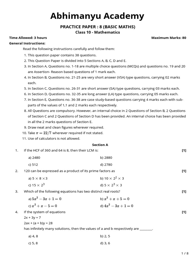 Practice Paper-8 (Basic Maths) | PDF | Circle | Area