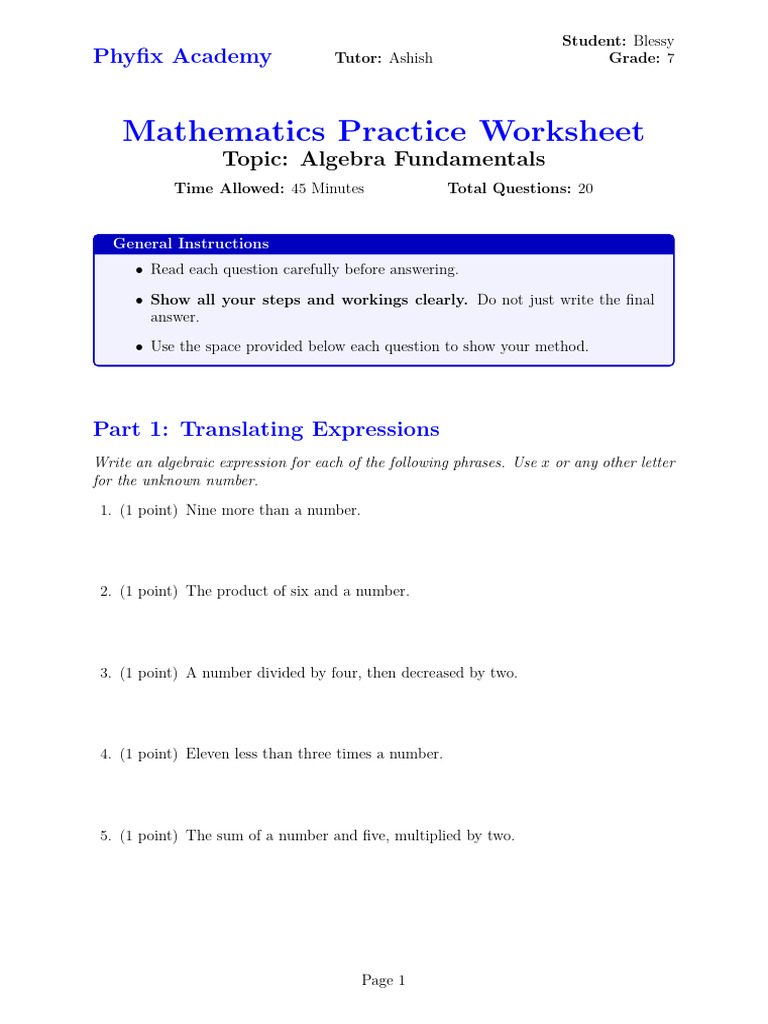 Phyfix Academy Tutor - Ashish Student - Blessy Grade - 7 Mathematics ...