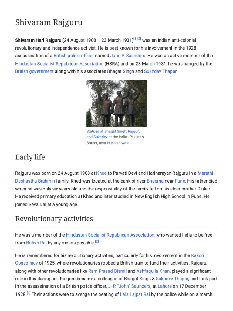 Shivaram Rajguru - Wikipedia | PDF | Politics Of India | Indian Nationalism