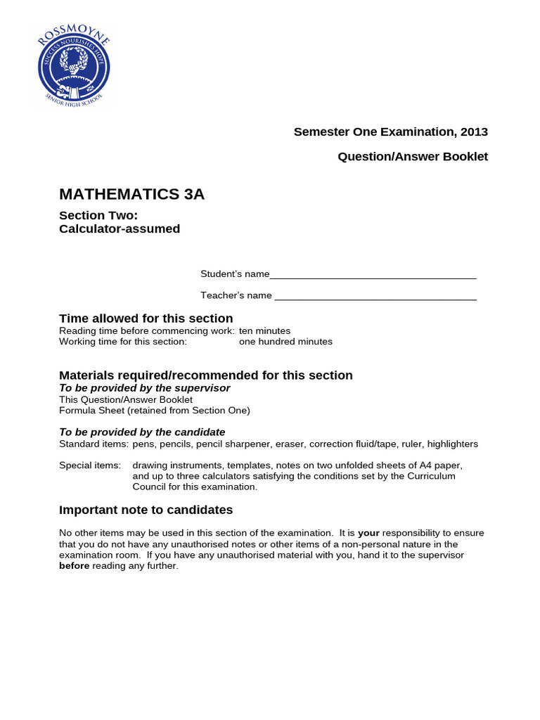 Rshs 2013 s1 Mathematics 3a - Section 2 | PDF | Asymptote | Standard ...