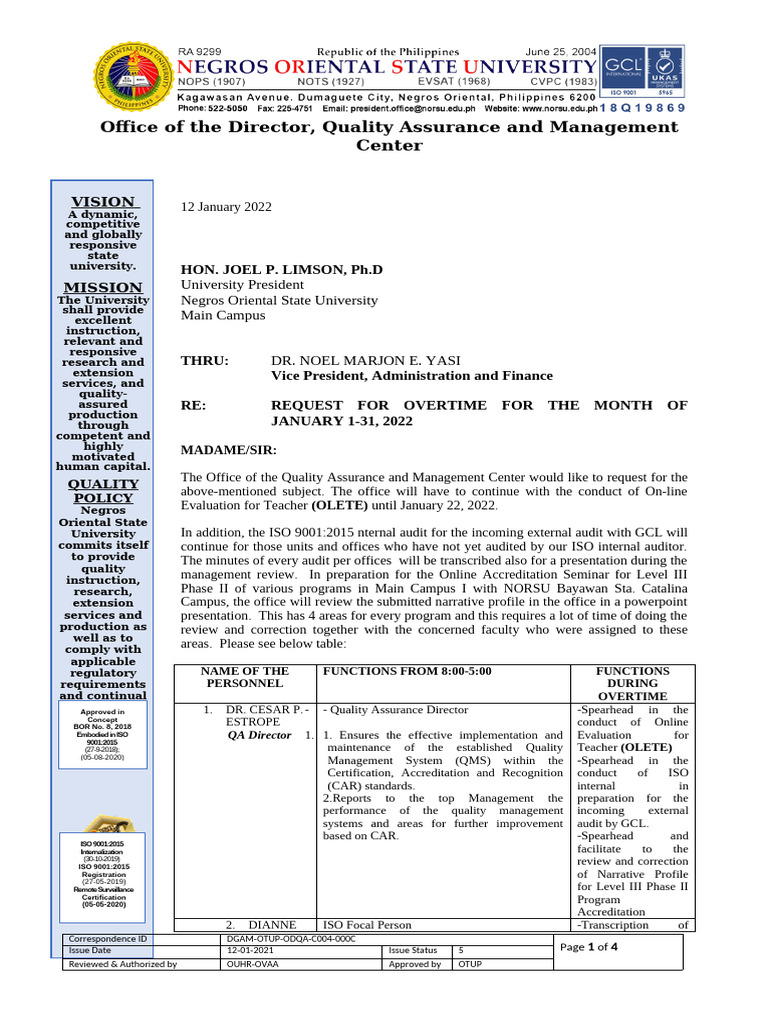 C004-Request For January 2022 Overtime | PDF | Quality Assurance | Audit