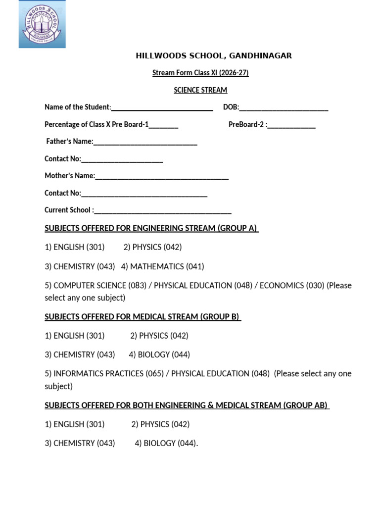 Stream Form Class Xi 2026-27 | PDF | Physical Sciences | Science